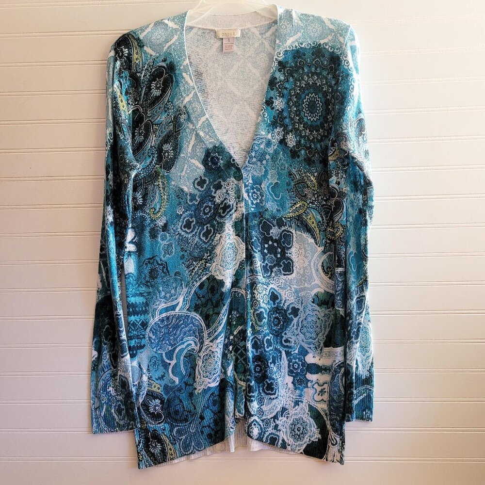 Chicos Cardigan Womens Medium Blue Print Longer Length Cotton Blend V Neck